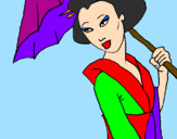 Disegno Geisha con parasole pitturato su Maria 6 anni
