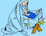 Disegno Nascita di Gesù Bambino pitturato su Maria e Gesù