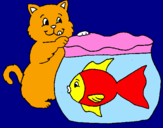 Disegno Gatto e pesce  pitturato su mattia