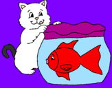 Disegno Gatto e pesce  pitturato su Tuono