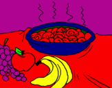 Disegno Frutta e chiocciole in casseruola pitturato su mattia