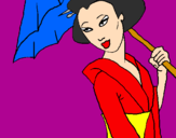 Disegno Geisha con parasole pitturato su silvia