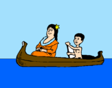 Disegno Madre e figlio in canoa  pitturato su titty