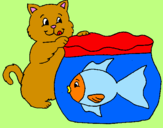 Disegno Gatto e pesce  pitturato su Niki