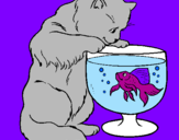 Disegno Gatto che osserva il pesciolino  pitturato su Le educatrici