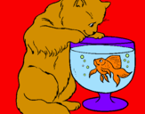 Disegno Gatto che osserva il pesciolino  pitturato su ceshi