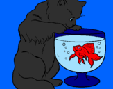 Disegno Gatto che osserva il pesciolino  pitturato su antonio