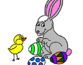 Disegno Pulcino, coniglietto e uova  pitturato su simone