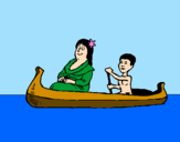 Disegno Madre e figlio in canoa  pitturato su samuele