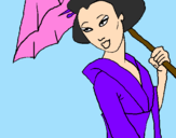 Disegno Geisha con parasole pitturato su francesca