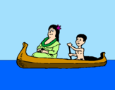 Disegno Madre e figlio in canoa  pitturato su clagiari