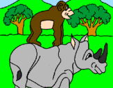 Disegno Rinoceronte e scimmietta  pitturato su rinnoceronte