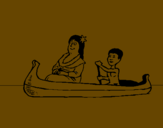 Disegno Madre e figlio in canoa  pitturato su riccardo