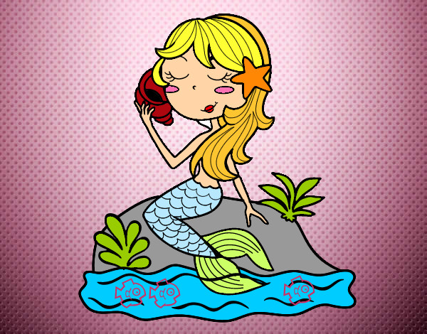 Disegno Sirena seduta su una roccia con una conchiglia pitturato su bianca