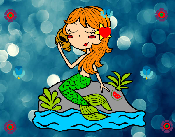 Sirena seduta su una roccia con una conchiglia