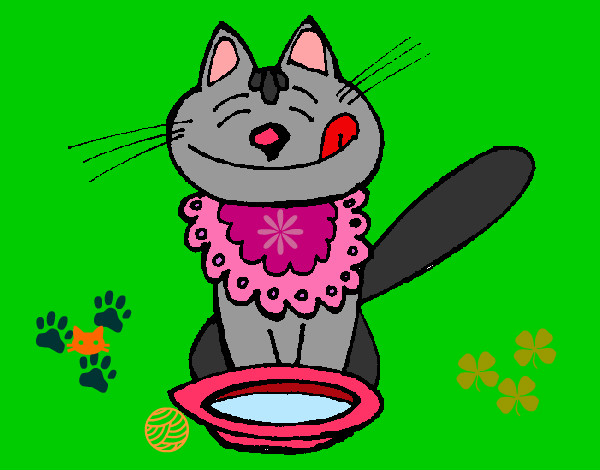 Disegno Gatto che mangia  pitturato su helena