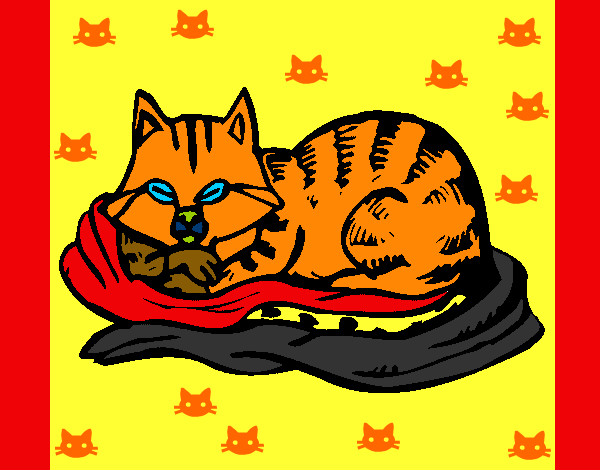 Disegno Gatto nel suo lettino  pitturato su coretto