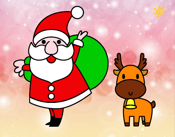 Disegno Babbo Natale e una renna pitturato su chiaraa