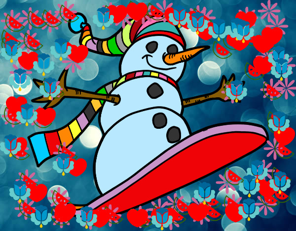 Disegno Pupazzo di neve discesa in snowboard pitturato su denis