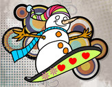 Disegno Pupazzo di neve discesa in snowboard pitturato su marcocatan