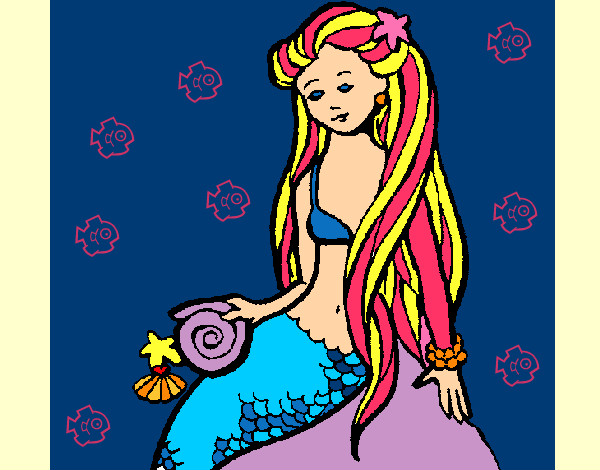 Disegno Sirena con la conchiglia  pitturato su costa