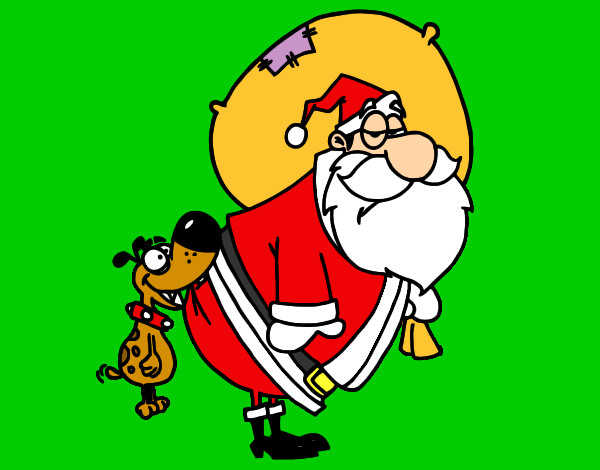 Disegno Cane che si morde Babbo Natale pitturato su emifra