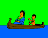 Disegno Madre e figlio in canoa  pitturato su gioele