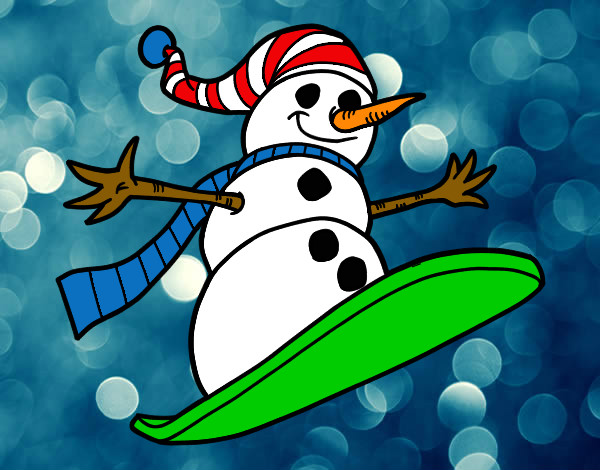 Disegno Pupazzo di neve discesa in snowboard pitturato su Gabriel07