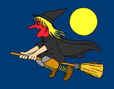Disegno Strega sulla scopa volante pitturato su cicognetto