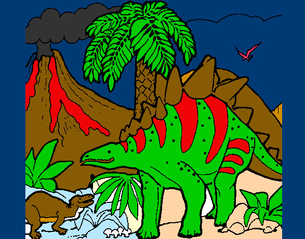Disegno Famiglia di Tuojiangosaurus  pitturato su paolin