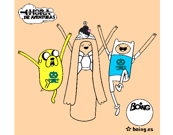 Disegno Jake, principessa Bubblegum e Finn pitturato su jacopino