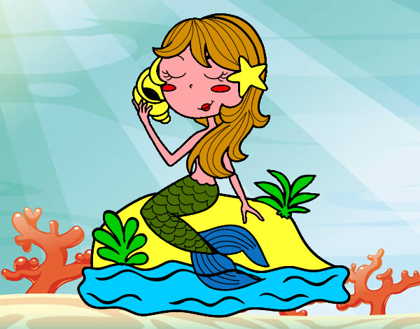 Disegno Sirena seduta su una roccia con una conchiglia pitturato su glorialaur