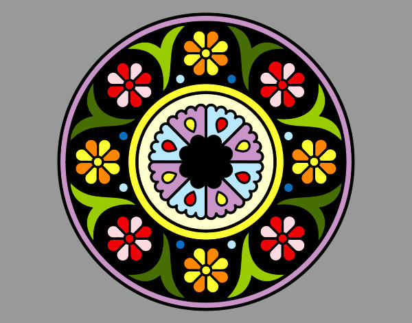 Disegno Mandala fiorito pitturato su mandala