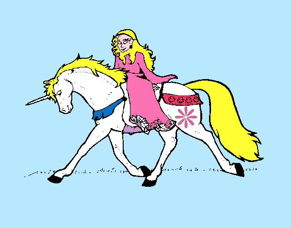Disegno Principessa a cavallo di unicorno  pitturato su marco04