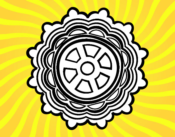 Disegno Mandala con forma di ruota pitturato su zbencio