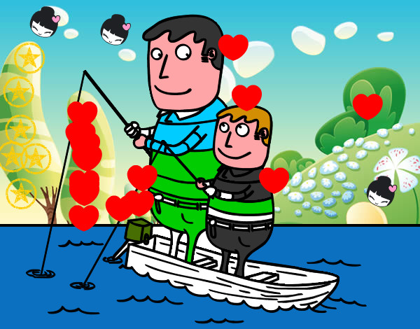 Disegno Padre e figlio di pesca pitturato su mattew