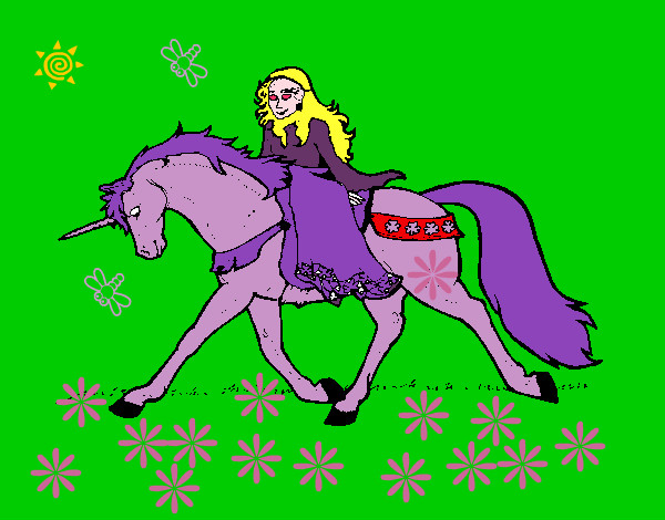 Disegno Principessa a cavallo di unicorno  pitturato su ginevra
