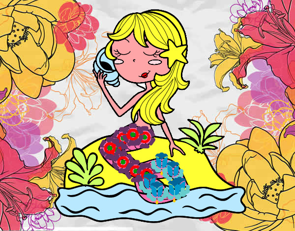 Disegno Sirena seduta su una roccia con una conchiglia pitturato su Monci
