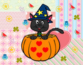 Disegno Gattino di Halloween pitturato su cecilia