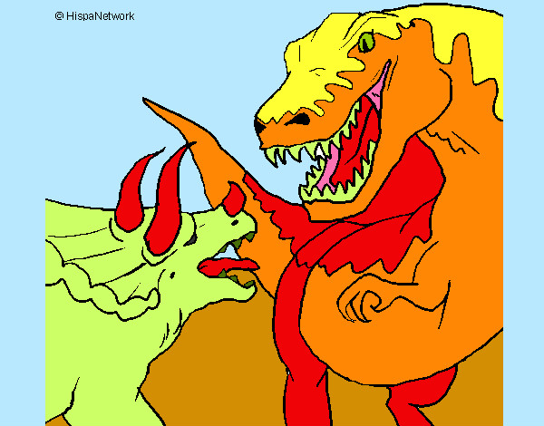 Disegno Lotta di dinosauri  pitturato su dieguito