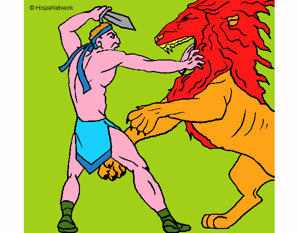 Disegno Gladiatore contro un leone pitturato su Achille