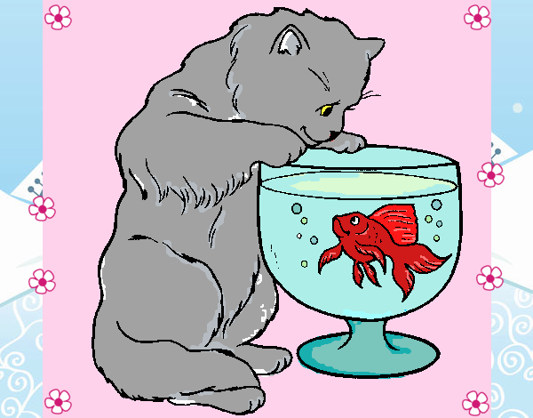 Disegno Gatto che osserva il pesciolino  pitturato su gaga