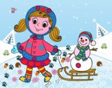 Bambina con la slitta e il pupazzo di neve