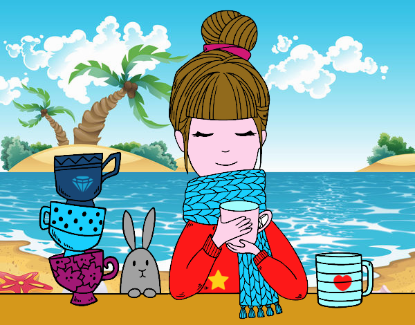 Barbara in spiaggia a bere un thè