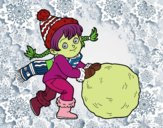 Bambina con grande palla di neve