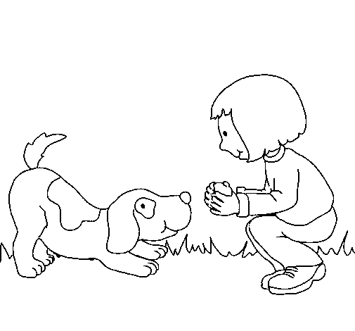 Disegno di Bambina che gioca con il cagnolino  da Colorare