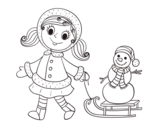 Disegno di Bambina con la slitta e il pupazzo di neve da colorare