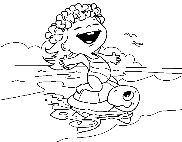 Disegno di Bambina con tartaruga marina da Colorare