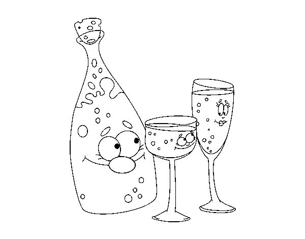 Disegno di Bottiglie de champagne e bicchieri da Colorare
