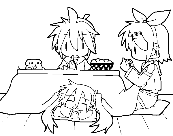 Disegno di Miku, Rin e Len colazione da Colorare